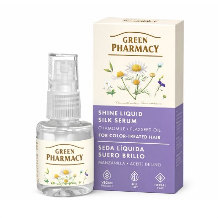 Изображение Жидкий шёлк для волос Green Pharmacy с ромашкой и льняным маслом для блеска окрашенных волос, 30 мл